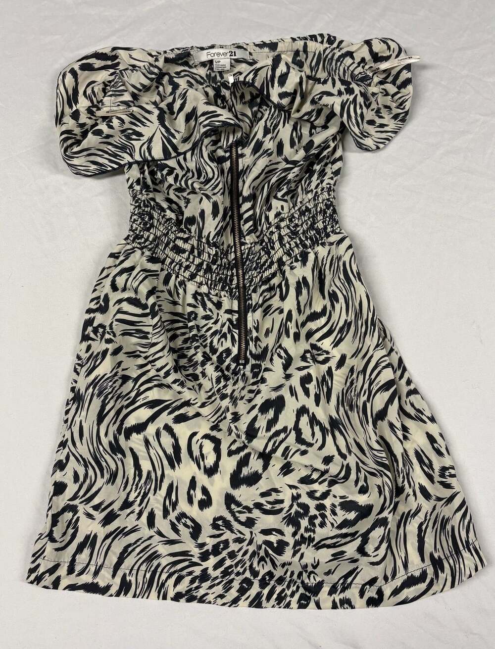 Forever 21 Animal Print Dress Size S/P Black White Off Shoulder Smocked Mini